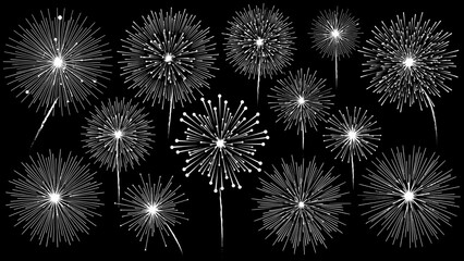 A collection of various white fireworks exploding against a black background, creating a festive and celebratory atmosphere.