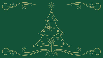 A stylized golden Christmas tree with stars and snowflakes on a dark green background, framed by elegant swirls.