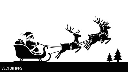 Black and white silhouette of Santa Claus in a sleigh pulled by three flying reindeer over a snowy landscape with fir trees, depicting a classic Christmas scene.