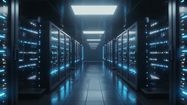 cinematic shot of an empty high-tech laboratory with rows of server racks, glowing blue led lights, data center, technology, and connection.
