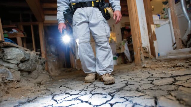 Wide-angle view of inspector walking through dark basement, flashlight beam illuminating cracked walls and puddles, tools in utility belt, emphasizing home foundation maintenance