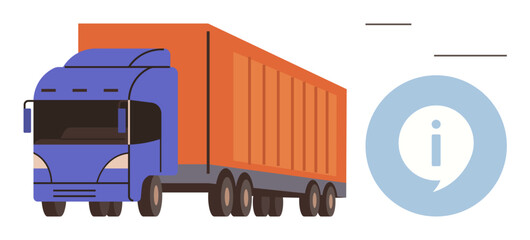 Cargo truck with large container alongside information icon. Ideal for logistics, freight transport, shipping, supply chain, delivery services, distribution, educational use. Simple flat metaphor