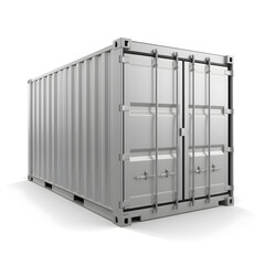 Light gray steel shipping container with closed double doors on seamless white backdrop