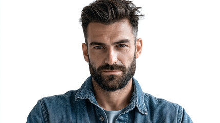 Obraz premium Portrait of a man with a beard wearing a denim shirt against white background