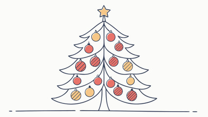 Stylized christmas tree with red and yellow ornaments and a star on top in a simple line drawing
