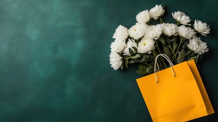 A vibrant green background showcases a stunning arrangement of white flowers elegantly paired with a cheerful, bright yellow shopping bag
