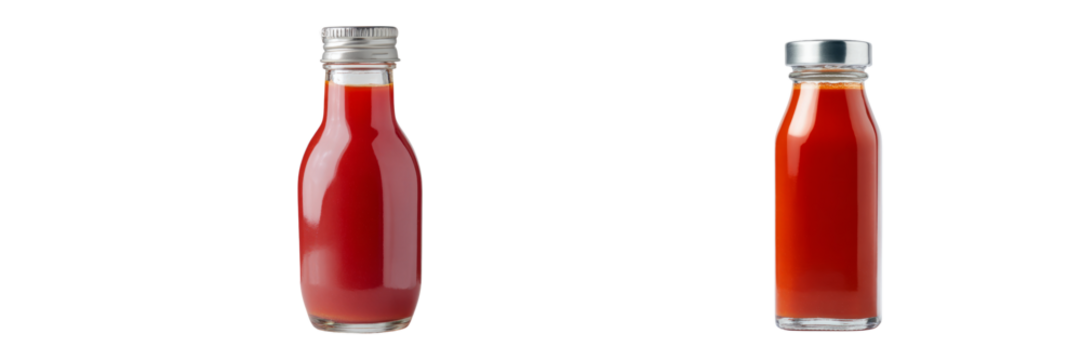 Refreshing tomato juice bottles on transparent background studio setup high-quality image
