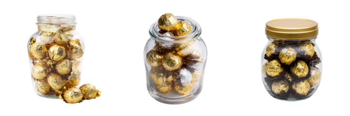 Glistening chocolate treats in glass jars transparent background food photography style