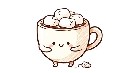 Cute cartoon cup of hot chocolate with marshmallows on white background  
