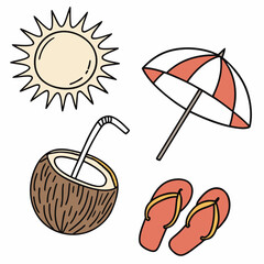 Summer Beach Icons Sun Coconut Drink Umbrella and Flip Flops Keywords: sun, summer, beach, coconut