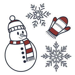 Winter Snowman Mittens and Snowflakes Hand Drawn Icons Keywords: snowman, winter, snow, snowflake