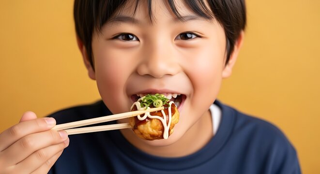 a close up shot features a young asian boy joyfully eating takoyaki with chopsticks showcasing a delightful culinary experience and vibrant food culture high quality professional