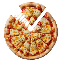 Mouthwatering pizza with gooey cheese pull, topped with fresh tomato slices and herbs, ready to be enjoyed during a delicious meal or casual gathering