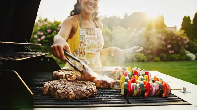 Grilling joy: woman cooks bbq steaks and vegetables in sunlit garden setting