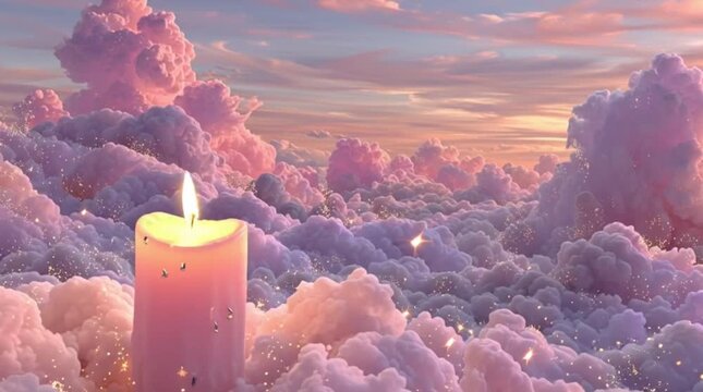 Advent First Sunday Candle Glowing in Dreamy Pink Clouds