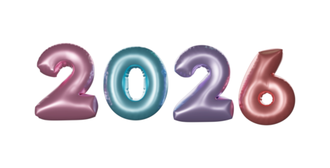 Metallic balloon numbers forming 2026 in pastel colors isolated on transparent background for new year celebration and festive decoration designs.
