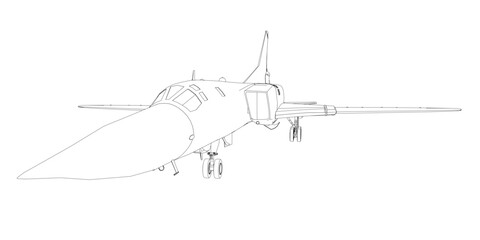 A black and white fighter jet contour drawing in line art style. The detailed illustration clearly shows the wingspan, tail fins, cockpit, and engine features.