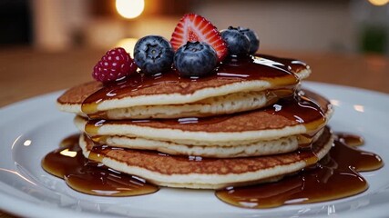 Delicious stack of fluffy pancakes topped with fresh fruit and syrup in a cozy kitchen setting - Powered by Adobe
