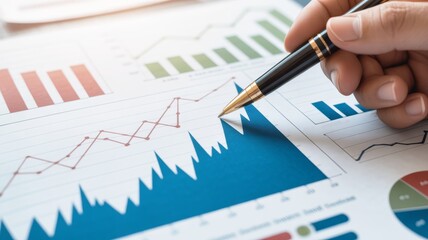 Graph shows a blue area chart and a red line graph depicting market trends and data analysis.
