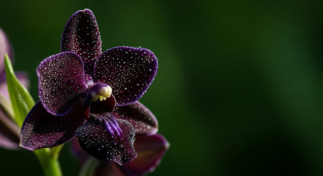 A close-up macro photograph of a dark purple orchid covered in delicate morning dew, captured with soft natural lighting and a smooth green background.