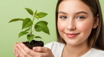 a young woman with light brown hair is holding a small potted plant with lush green leaves in her hands high quality professional detailed modern elegant