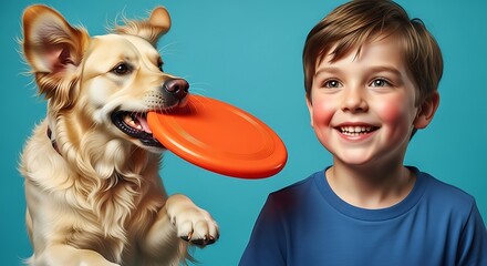 a cheerful young boy with rosy cheeks happily interacts with a golden retriever the dog playfully holding an orange frisbee in its mouth high quality professional