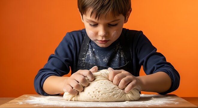 a young boy intently kneading raw dough on a flour dusted wooden surface with focus and determination demonstrating culinary skills high quality professional detailed modern elegant