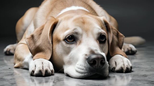 A dog on a soft gray, patterned, polished floor. The dog has its head and paws resting on the floor