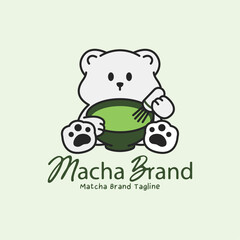 Charming matcha logo featuring bear mascot mixing traditional matcha bowl. Cute illustration with pastel colors for tea brand and cafe branding.