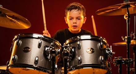 a young boy passionately plays a drum set with focused expression holding drumsticks mid air against a dramatic red background illumination high quality professional detailed modern