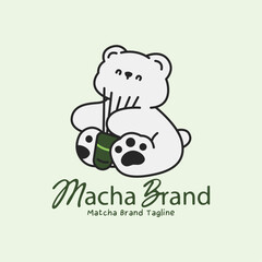 Cute matcha logo featuring bear mascot holding traditional chasen bamboo whisk. Authentic illustration for Japanese tea brand and cafe branding.