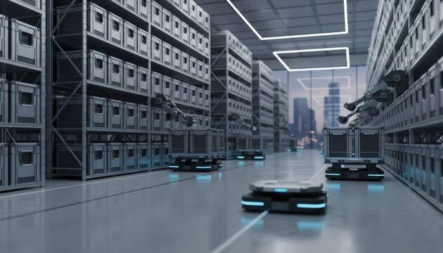 High tech warehouse with robots moving crates representing automation, logistics and future industry - Powered by Adobe