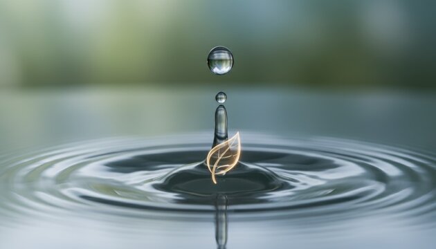 Water droplet with glowing leaf icon showing eco sustainability purity nature conservation clean energy trend and environmental awareness