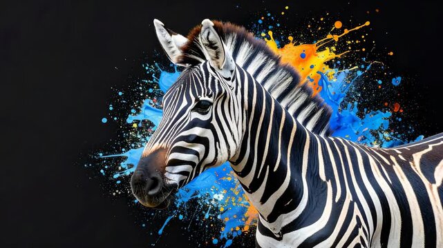 Striking zebra portrait with vibrant paint splash on dark background displaying animal beauty and artistic expression, perfect for visual interest
