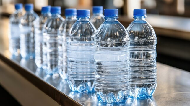 Bottled water arranged neatly on a metallic surface near a gathering spot at a public event during daytime