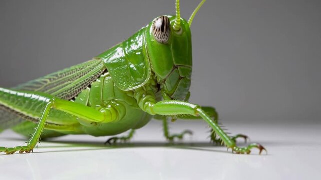 Close-up of a vibrant green grasshopper in a studio setting showcasing intricate details and natural beauty