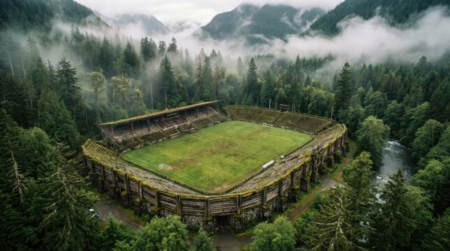 Abandoned forest stadium in misty mountains representing forgotten history decay eco travel hidden landmarks adventure exploration and nature reclaim