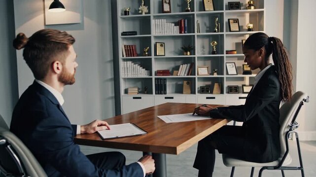 Professional interview taking place in modern office setting with two candidates discussing qualifications and future opportunities