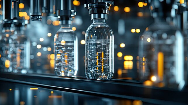 In a state-of-the-art factory, the water bottling process involves cutting-edge machinery and pristine glass containers for packaging