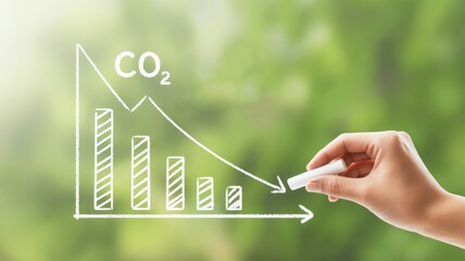 Drawing a downward-trending bar graph a curved arrow pointing down and right on an invisible surface against a blurred green nature background.