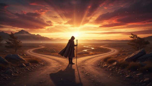 Traveler at crossroads during glowing sunset symbolizing life choices, transformation, personal journey, destiny and decision making moments