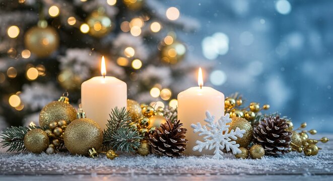 Two lit white candles surrounded by golden ornaments, pine cones, and snowy evergreen branches for a festive holiday display