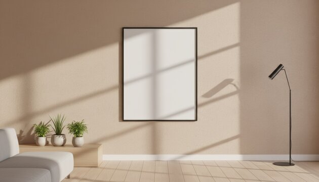 Minimalist interior with blank frame symbolizing creativity potential, design mockups, home decor trends and customizable artistic expression
