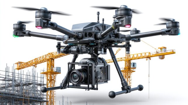 Drone Surveying a Construction Site: A state-of-the-art drone with its advanced camera hovers gracefully above a construction site, ready to capture aerial perspectives.