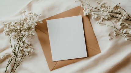 A blank card rests atop a brown envelope, elegantly framed by delicate white flowers, all set against a backdrop of soft, inviting fabric