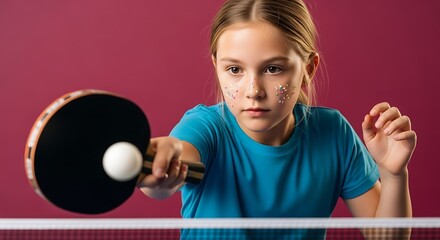 a focused young girl with decorative facial sparkles intently plays table tennis gripping the paddle ready for action against a vibrant red backdrop high quality professional