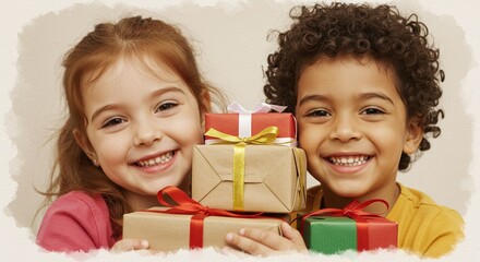Two happy diverse young children smiling while holding a stack of wrapped holiday or birthday gift boxes tied with colorful ribbons