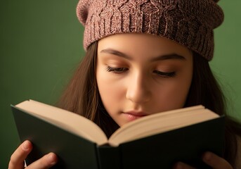 a young woman with long brown hair is deeply engrossed in reading a book wearing a knitted pink beanie against a vibrant green backdrop high quality