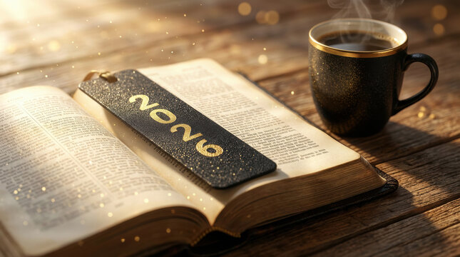 Open book with elegant 2026 bookmark and black coffee cup on a wooden table. Cozy morning atmosphere with warm sunlight and magical golden particles for New Year reading.
 - Powered by Adobe