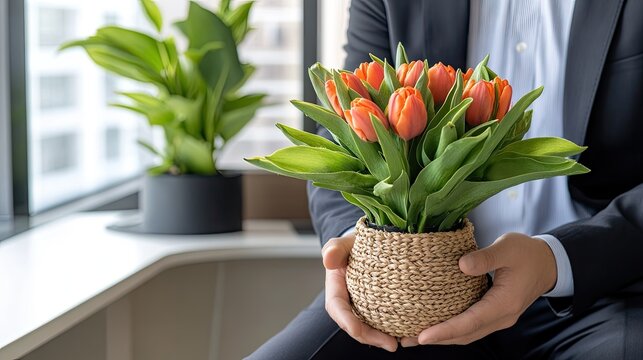A person is gently holding a beautiful bouquet of vibrant orange tulips while surrounded by lush green plants in a sleek, modern office environment